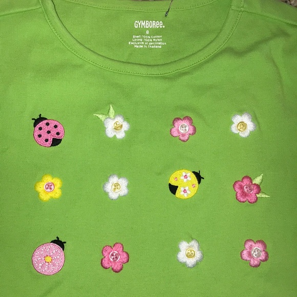 Girl’s Gymboree green cotton t-shirt with embroidered flowers & ladybugs - Picture 1 of 2